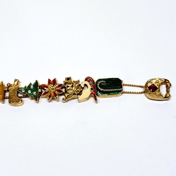 Vintage Christmas Charm Bracelet Enamel Two Chain Gold Tone Bear Poinsettia 7" - Picture 4 of 6